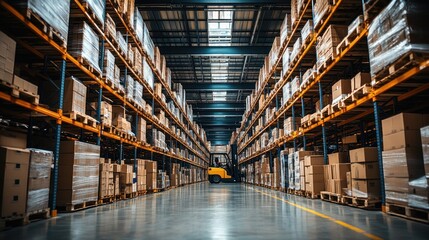 Fototapeta premium Vast Warehouse Interior: Rows of Pallets and a Forklift