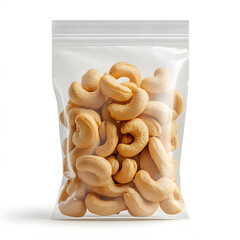 Close-up view of a resealable stand-up pouch filled with delicious roasted cashews showcasing rich texture and natural color on a vibrant background