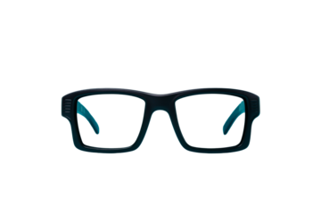 Stylish black eyeglasses with transparent lenses on clear background