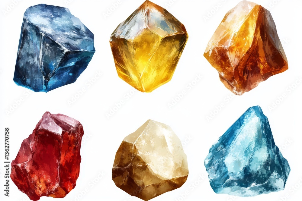 Poster colorful collection of gemstones arranged on a white background showcasing various shapes and textur