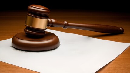 Wooden gavel resting on blank legal document on polished wooden table surface