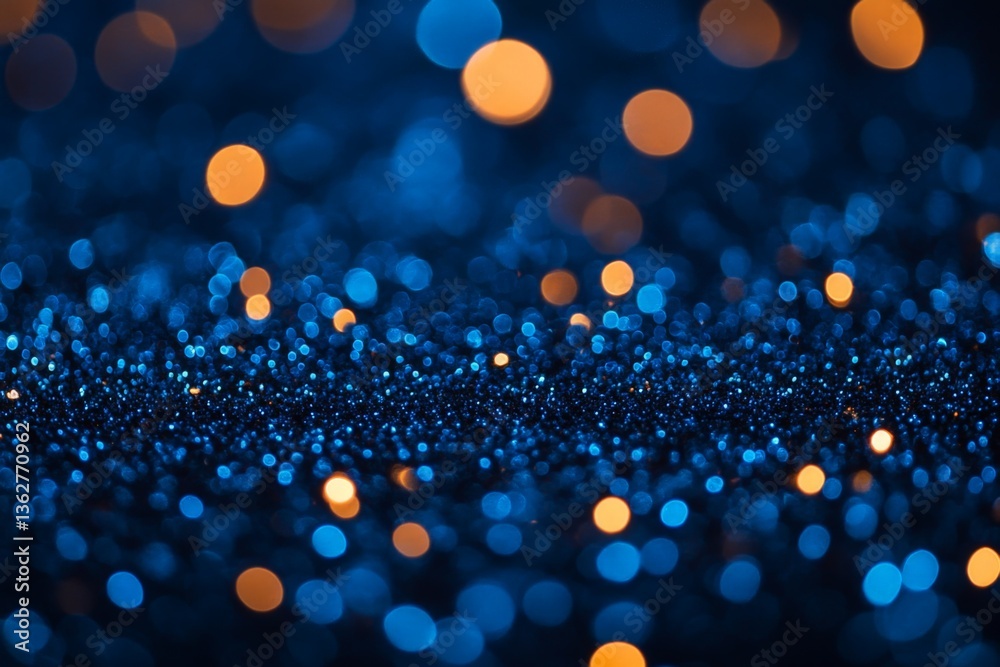 Poster Bright blue and orange bokeh lights create a sparkling abstract background at night
