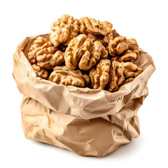 Close-up of a pile of whole walnuts overflowing from a crumpled brown paper bag resting on a clean white background for food and ingredient visuals