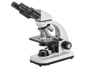 Classic binocular compound microscope with white and dark grey accents, isolated on transparent background