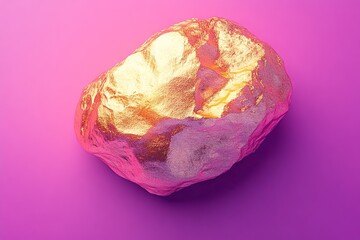 Fototapeta premium Shiny gold rock resting on vibrant pink background creating a striking visual contrast