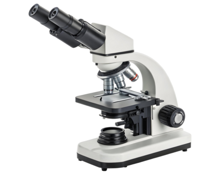 Classic binocular compound microscope with white and dark grey accents, isolated on transparent background