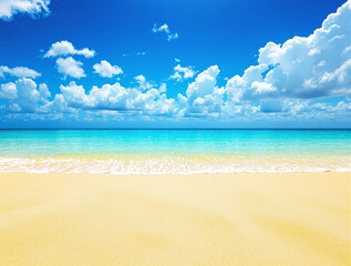 Fototapeta premium Beautiful tropical beach landscape with golden sand and turquoise ocean under a bright blue sky with fluffy white clouds. Relaxing summer vacation concept. Ai generative