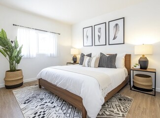 Modern bedroom with king bed, wooden frame, neutral decor, and natural light.