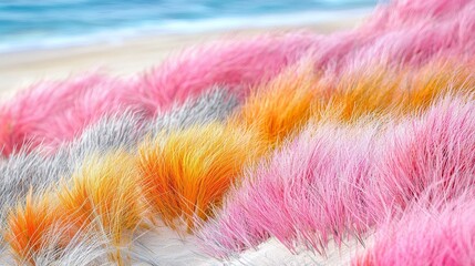 Obraz premium Colorful coastal dune grasses, a whimsical seaside landscape with blue ocean backdrop