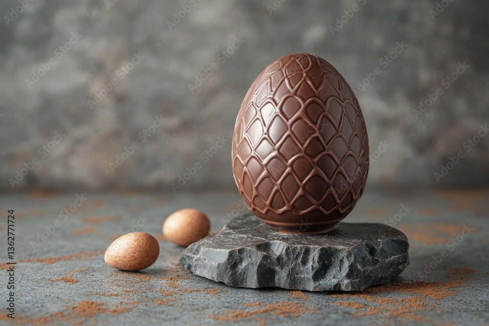 Aufkleber decorative chocolate egg displayed on a stone surface with smaller chocolate pieces nearby during sp