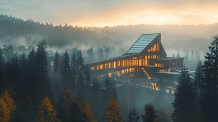 Fototapeta premium Misty mountaintop modern wooden lodge glows at sunrise