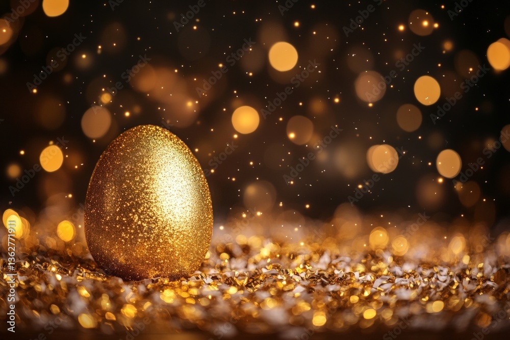 Aufkleber Golden egg resting on shimmering glitter with bokeh lights in the background creating a festive atmosphere