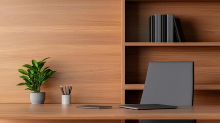 Fototapeta premium Modern luxury home library with wooden shelves, sleek workspace, and soft ambient lighting