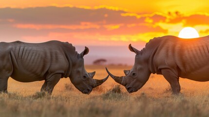 Obraz premium Majestic Rhinos Facing Each Other Against Vibrant Sunset Sky