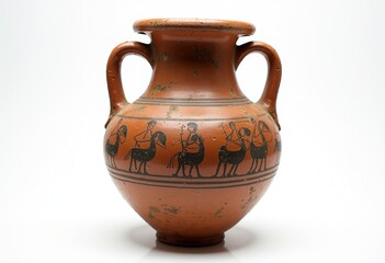 Enhance your visual projects with this high-quality cut-out image of a ceramic amphora, featuring two curved handles, earthy tones, and simple medieval patterns against a white background.

