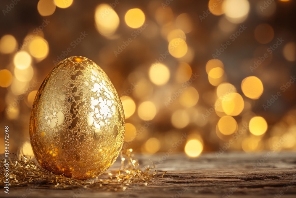 Poster golden egg resting on a rustic wooden surface surrounded by shimmering lights during spring celebrat
