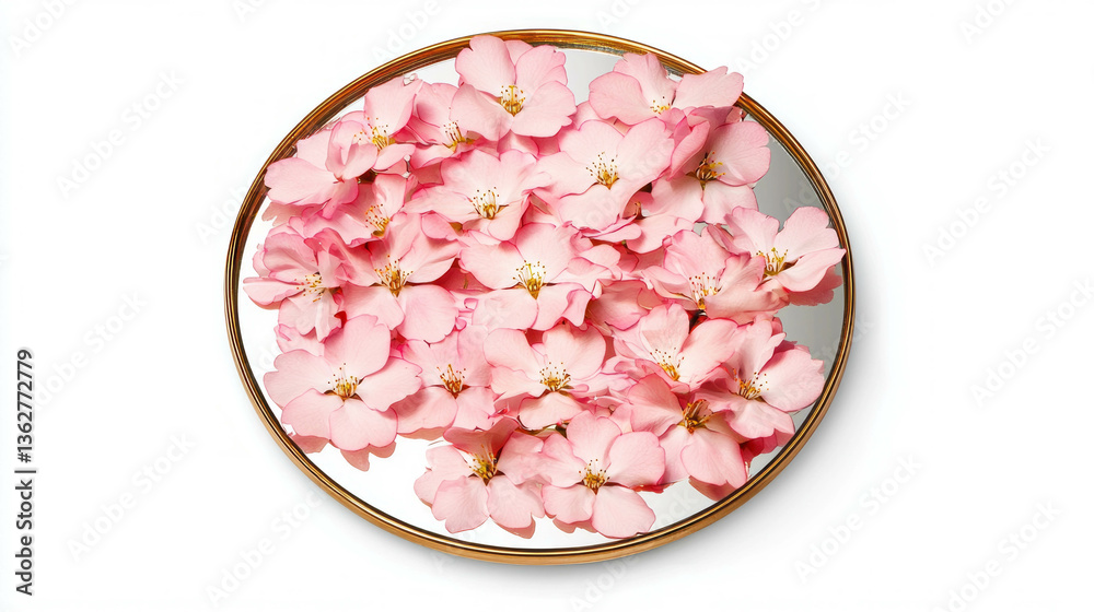 Poster delicate sakura petals reflecting on a round mirror for elegant spring decor