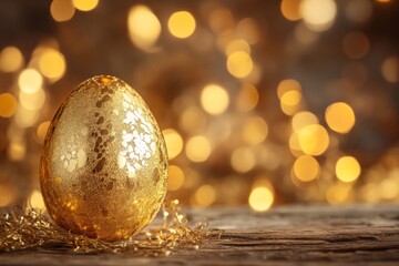 Golden egg resting on a rustic wooden surface surrounded by shimmering lights during spring celebration