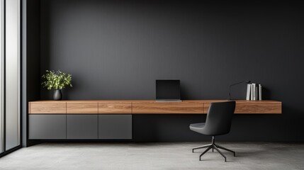 Modern wooden study room with a floating walnut desk, soft grey walls, and minimal decor