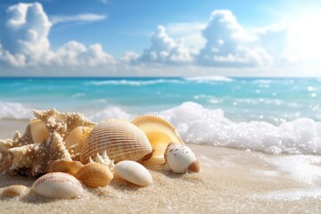 Collection of shells resting on sandy beach as gentle waves lap at shore under bright blue sky