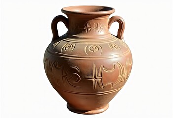 Download this meticulously crafted image of a ceramic amphora, showcasing its two curved handles, simple medieval patterns, and earthy tones in a side view, isolated on a pure white background.

