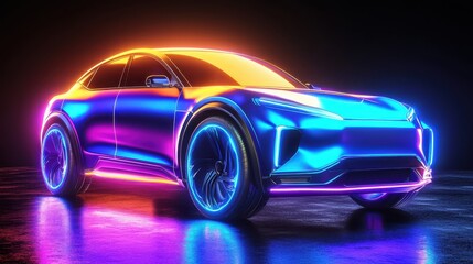 A sleek futuristic electric vehicle with vibrant neon lights creating a dynamic captivating visual display