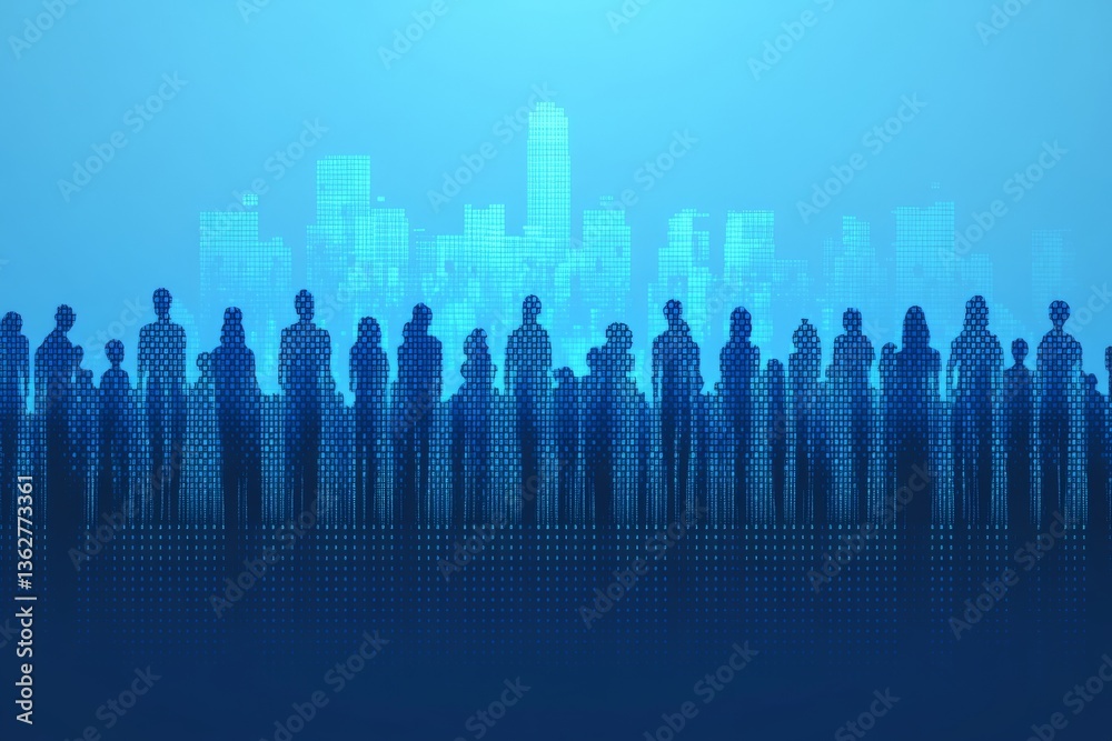 Poster silhouetted crowd against a digital cityscape reflecting unity in a technological era