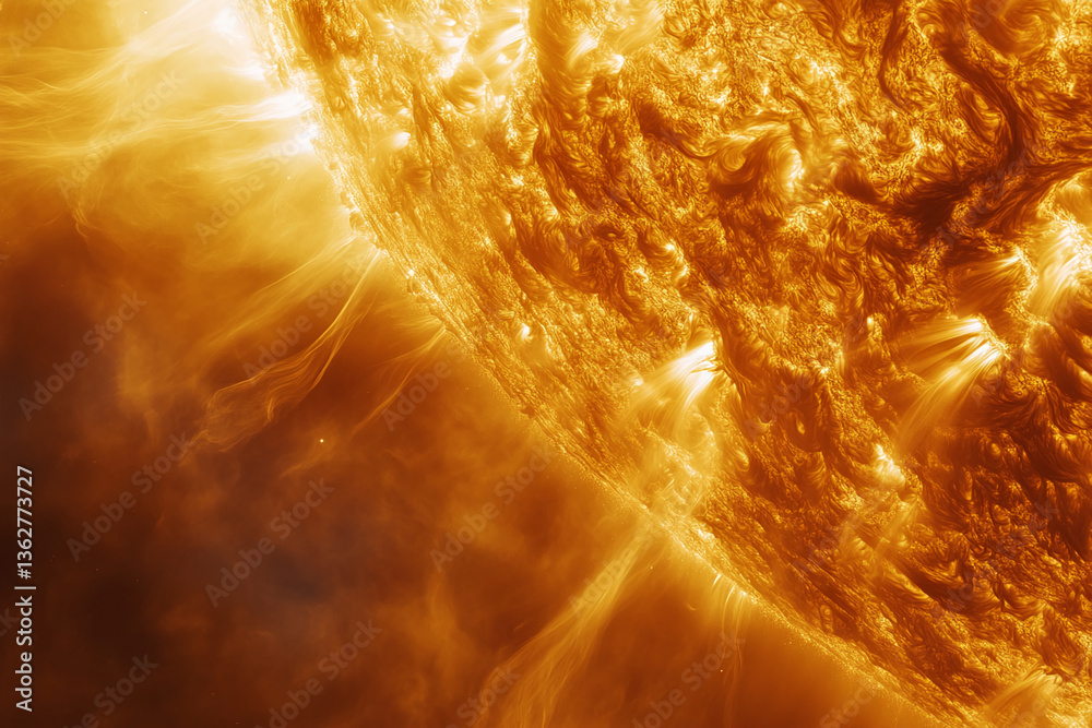 Poster close-up of sun's surface, showing fiery texture and energy streams, representing power, heat, and c