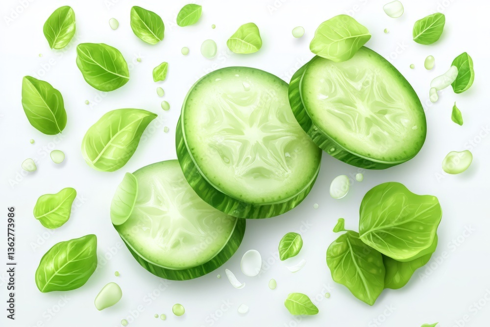 Poster freshly sliced cucumbers surrounded by vibrant green leaves on a white background