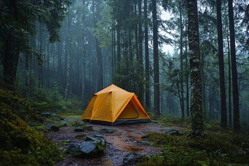 Tent under the rain and fog in the forest. Adventures and chilling camping experience. AI generated