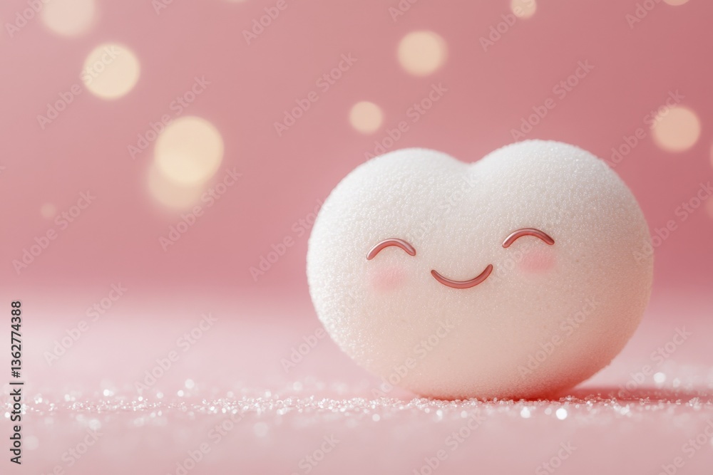 Aufkleber Cute heart-shaped decoration with smiling face on soft pink background and sparkling bokeh effect for a cheerful atmosphere