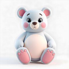 Fototapeta premium Bear – 3D baby bear, round belly, big paws, large eyes, light blue and pink tones, white background Generative AI
