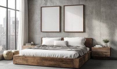 Modern bedroom with king-size bed, two blank frames, and city view.