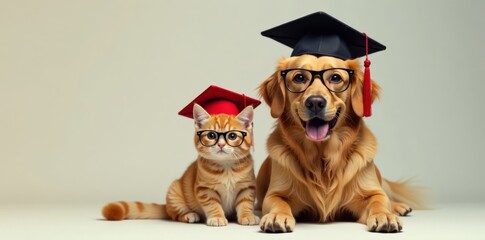 Feline companion sits beside canine friend wearing matching graduation hats and glasses, glasses, puppy