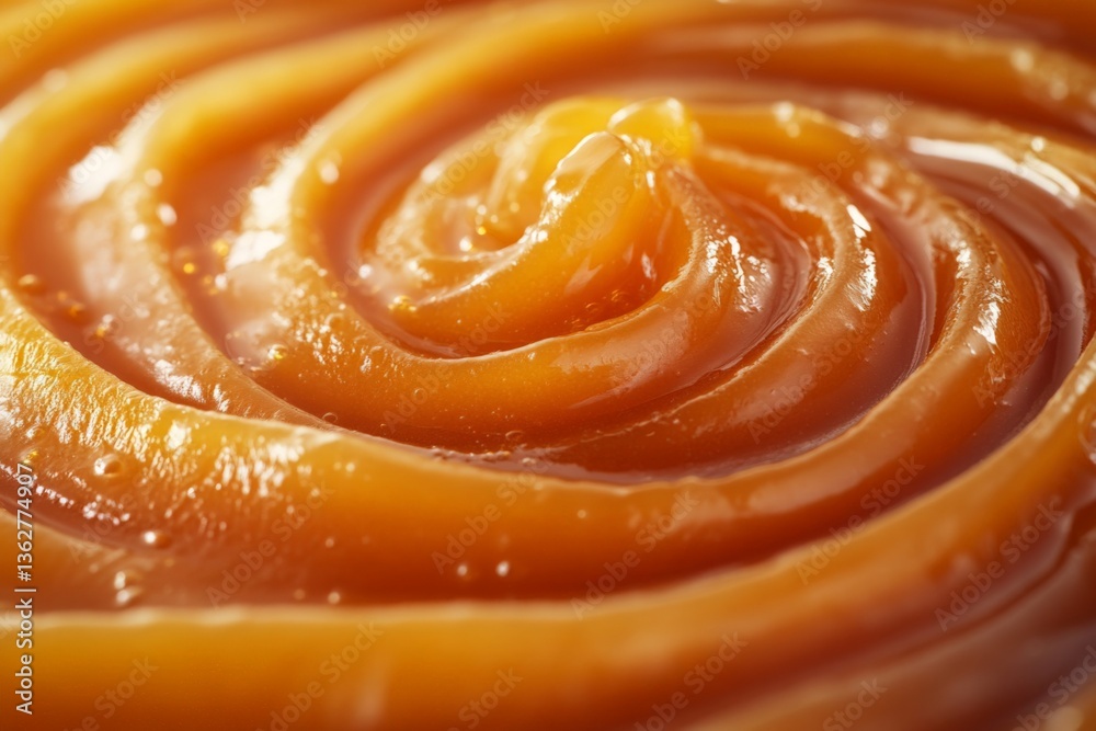 Poster Rich caramel swirl showcases texture and color in a close-up view of dessert ingredient