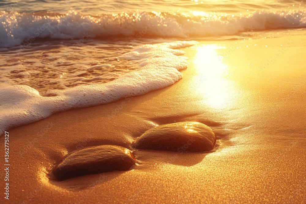 Poster sunset reflection on wet sand with smooth stones at the shoreline during golden hour