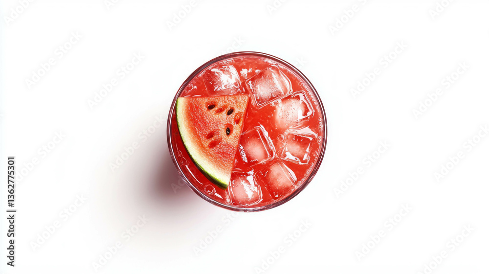 Poster refreshing watermelon juice in a glass with ice cubes - ideal for summer hydration and beverages
