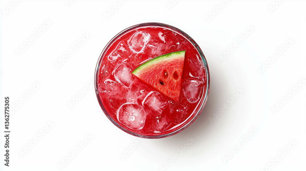 Poster Refreshing watermelon juice with ice and slice top view – perfect for summer hydration and refreshment