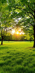 Obraz premium Vibrant park landscape with lush green grass and trees under warm sunlight. The bright natural setting creates a peaceful and refreshing phone wallpaper. Ai generative