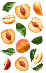 Vibrant Fresh Peaches and Green Leaves on White Background, Perfect for Summer Recipes, Natural Snacks, or Organic Food Branding and Marketing Concepts