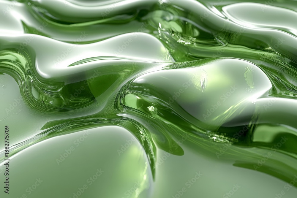 Poster Translucent green waves create a mesmerizing and fluid texture in a vibrant natural setting illuminated by soft light