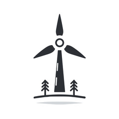 Wind turbine silhouette surrounded by trees on a white background  