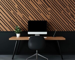 Minimalist wooden study with a monochrome palette, clean lines, and a luxury highend aesthetic
