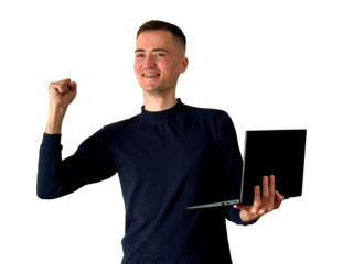 Happy man celebrating success with laptop
