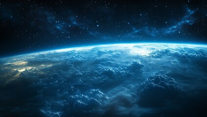 A breathtaking view of Earth from space, showcasing a mesmerizing blend of deep blues and dark clouds against a star-studded backdrop.
