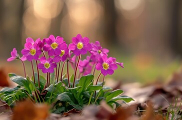 Vibrant Pink Flowers Blooming Amidst Autumn Leaves in a Softly Lit Forest Background, Capturing Nature's Beauty and Seasonal Change