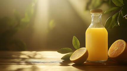 Freshly squeezed orange juice in a glass bottle with citrus fruits and green leaves on a wooden table