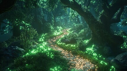 Fototapeta premium Enchanted Forest Path Glowing Plants, Night, Fantasy Game Background