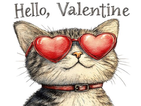 Cute Cat Wearing Heart-Shaped Sunglasses for Valentine's Day Greeting