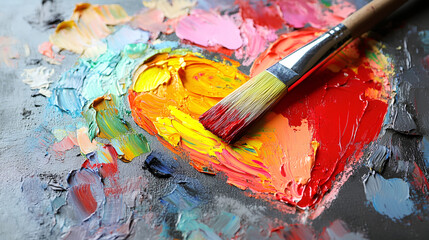 Close-up of an artist's palette with vibrant colors and paintbrush, focusing on the brush creating heart shapes on the canvas.